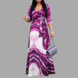Spring & Autumn Women's Fashion Elegant Wrap V-Neck Half-Sleeve Print Belt Maxi Dress