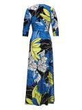 Spring & Autumn Women's Fashion Elegant Wrap V-Neck Half-Sleeve Print Belt Maxi Dress