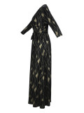 Spring & Autumn Women's Fashion Elegant Wrap V-Neck Half-Sleeve Print Belt Maxi Dress
