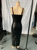 Spring & Summer Fashion Strappy Slim Waist Bodycon Back Slit Midi PU Dress