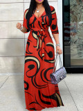 Spring & Autumn Women's Fashion Elegant Wrap V-Neck Half-Sleeve Print Belt Maxi Dress