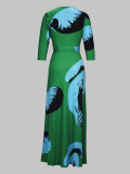 Spring & Autumn Women's Fashion Elegant Wrap V-Neck Half-Sleeve Print Belt Maxi Dress