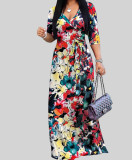 Spring & Autumn Women's Fashion Elegant Wrap V-Neck Half-Sleeve Print Belt Maxi Dress
