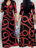 Spring & Autumn Women's Fashion Elegant Wrap V-Neck Half-Sleeve Print Belt Maxi Dress