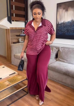 Fashion Casual Summer Short-Sleeve Striped Print Two-Piece Pants Set