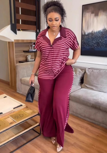 Fashion Casual Summer Short-Sleeve Striped Print Two-Piece Pants Set