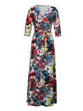 Spring & Autumn Women's Fashion Elegant Wrap V-Neck Half-Sleeve Print Belt Maxi Dress