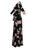 Spring & Autumn Women's Fashion Elegant Wrap V-Neck Half-Sleeve Print Belt Maxi Dress