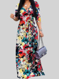 Spring & Autumn Women's Fashion Elegant Wrap V-Neck Half-Sleeve Print Belt Maxi Dress