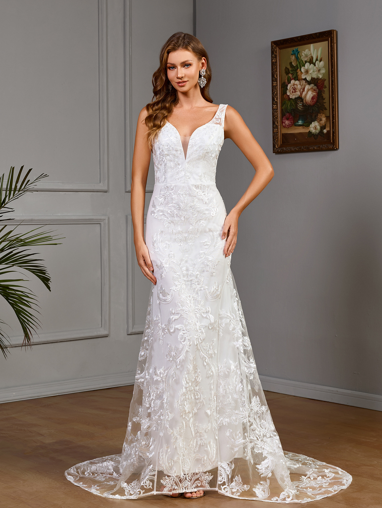 Women's White Lace Wedding Dress Bridal Gown