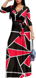 Spring & Autumn Women's Fashion Elegant Wrap V-Neck Half-Sleeve Print Belt Maxi Dress