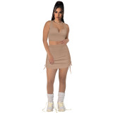 Women Stretch sexy v-neck Top and drawstring Solid Skirt two-piece set
