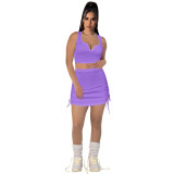 Women Stretch sexy v-neck Top and drawstring Solid Skirt two-piece set