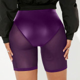 Spring & Summer Women's Solid Color Elastic Waist See-Through Mesh Leather Patchwork Tight-Fitting Knee-Length Shorts