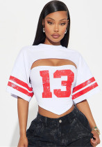 Women autumn casual sports style printed Strapless short-sleeved Top T-shirt