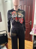 Women street casual print zipper hooded Print Top and Pants two-piece set