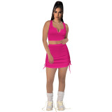 Women Stretch sexy v-neck Top and drawstring Solid Skirt two-piece set