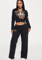 Women street casual print zipper hooded Print Top and Pants two-piece set