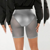 Spring & Summer Women's Solid Color Elastic Waist See-Through Mesh Leather Patchwork Tight-Fitting Knee-Length Shorts
