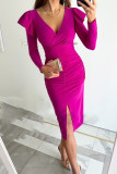 V-Neck Chic Slim Waist Slit Solid Color Long-Sleeve Midi Dress