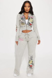 Women street casual print zipper hooded Print Top and Pants two-piece set