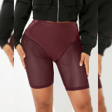 Spring & Summer Women's Solid Color Elastic Waist See-Through Mesh Leather Patchwork Tight-Fitting Knee-Length Shorts