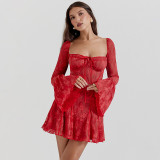 Spring Sexy Lace Bell Sleeve Long-Sleeve Low Back Bodycon Short Dress