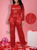 Women's Fashion Elegant Plus Size Round Neck Long-Sleeve Sequin Party Two Piece Pants Set