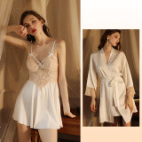 Deep V neck Lace Bow Satin Night Dress Robe Two Piece Sleepwear Set