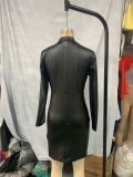 V-Neck Slim Sexy Long-Sleeve PU Leather Dress