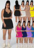 Women Stretch sexy v-neck Top and drawstring Solid Skirt two-piece set