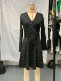 Spring Women's Fashion Elegant Long-Sleeve V-Neck Sequin Dress