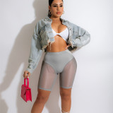 Spring & Summer Women's Solid Color Elastic Waist See-Through Mesh Leather Patchwork Tight-Fitting Knee-Length Shorts