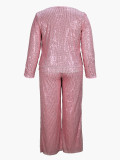 Women's Fashion Elegant Plus Size Round Neck Long-Sleeve Sequin Party Two Piece Pants Set