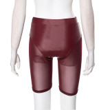 Spring & Summer Women's Solid Color Elastic Waist See-Through Mesh Leather Patchwork Tight-Fitting Knee-Length Shorts