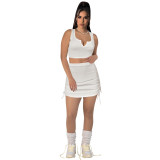 Women Stretch sexy v-neck Top and drawstring Solid Skirt two-piece set