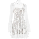 Spring Sexy Lace Bell Sleeve Long-Sleeve Low Back Bodycon Short Dress