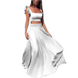 Women sexy and elegant lace Solid Sleeveless Top and Long Skirt Two-piece Set