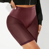Spring & Summer Women's Solid Color Elastic Waist See-Through Mesh Leather Patchwork Tight-Fitting Knee-Length Shorts