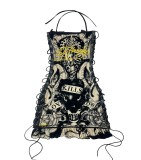 Women retro Print drawstring Strapless Dress