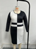 Plus Size Women's Fashion Casual Color Block High Waist Round Neck Long-Sleeve Bodycon Dress