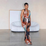 Women sexy print Backless Halter Neck Jumpsuits