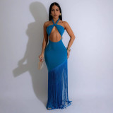 Women hollow sleeve Halter Neck tassel dress