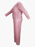 Women's Fashion Elegant Plus Size Round Neck Long-Sleeve Sequin Party Two Piece Pants Set
