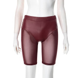 Spring & Summer Women's Solid Color Elastic Waist See-Through Mesh Leather Patchwork Tight-Fitting Knee-Length Shorts