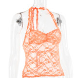 Spring & Summer Lace Patchwork Halter Neck Top Sexy See-Through Camisole