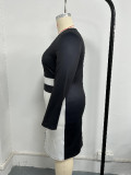 Plus Size Women's Fashion Casual Color Block High Waist Round Neck Long-Sleeve Bodycon Dress