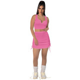 Women Stretch sexy v-neck Top and drawstring Solid Skirt two-piece set