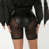 Spring & Summer Women's Solid Color Elastic Waist See-Through Mesh Leather Patchwork Tight-Fitting Knee-Length Shorts