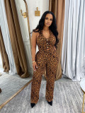 Fashion Leopard Print Sexy Sleeveless Two Piece Loose Pants Set